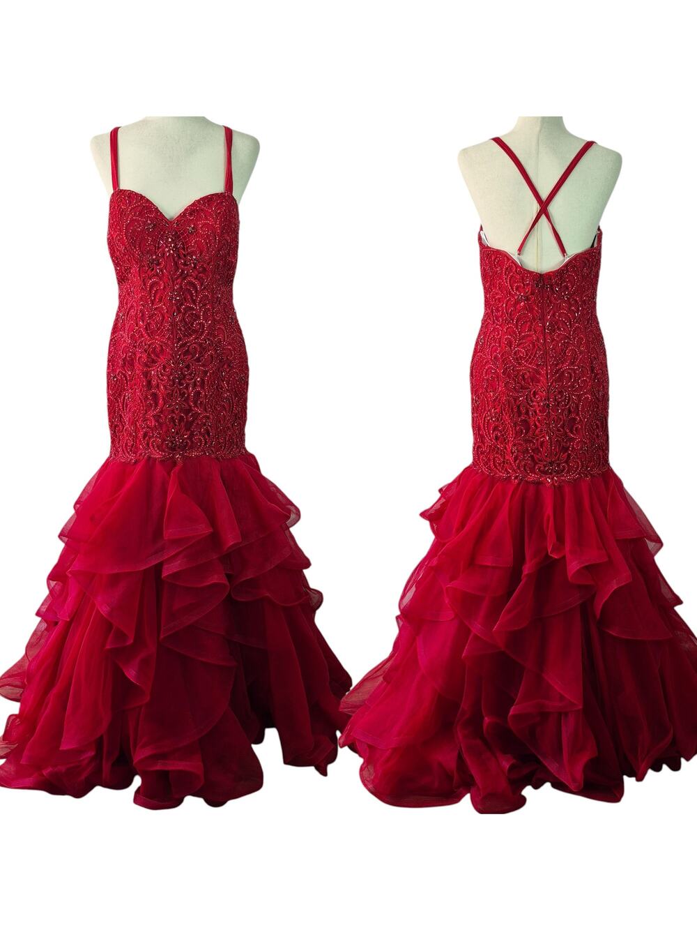 Sherri Hill Red Beaded Bling Mermaid Formal Prom Event Gown Dress Women's 12